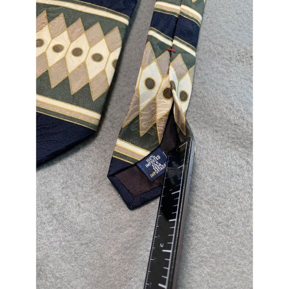 Vintage Halston Mens Silk Necktie Geometric Pattern Navy Tan Green Tie - Picture 4 of 5